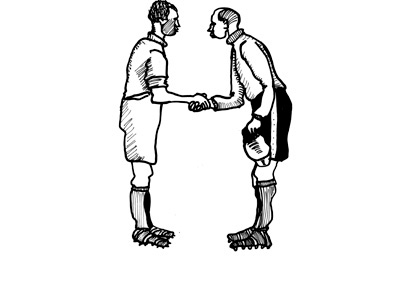 to men shake hands - drawing by Claus Helbo