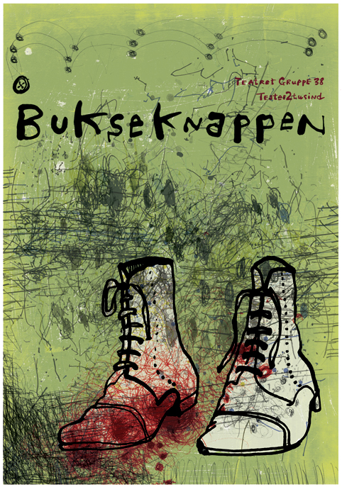 Plakat af Claus Helbo til Bukseknappen - forestilling af Teatret Gruppe 38