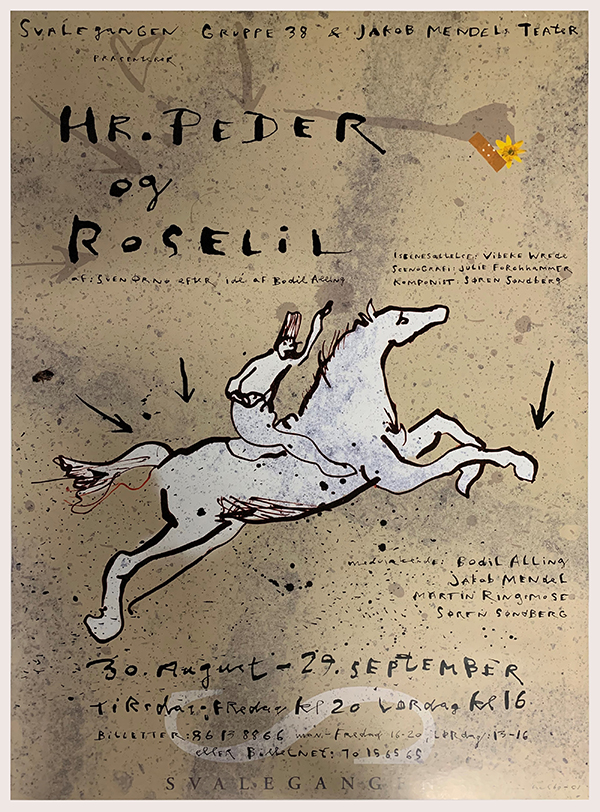 Plakat af Claus Helbo til Hr. Peder og Roselil - forestilling af Teatret Gruppe 38