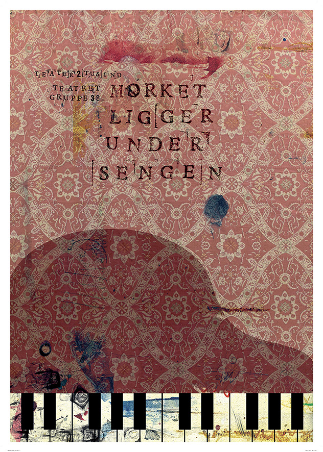 Plakat af Claus Helbo til Mørket ligger under sengen - forestilling af Teatret Gruppe 38