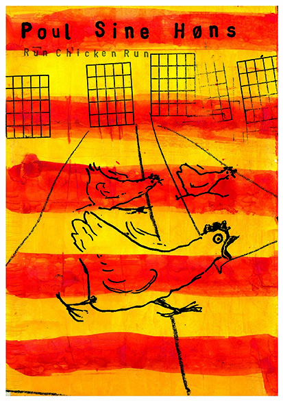 Plakat af Claus Helbo til Poul sine høns - forestilling af Teatret Gruppe 38