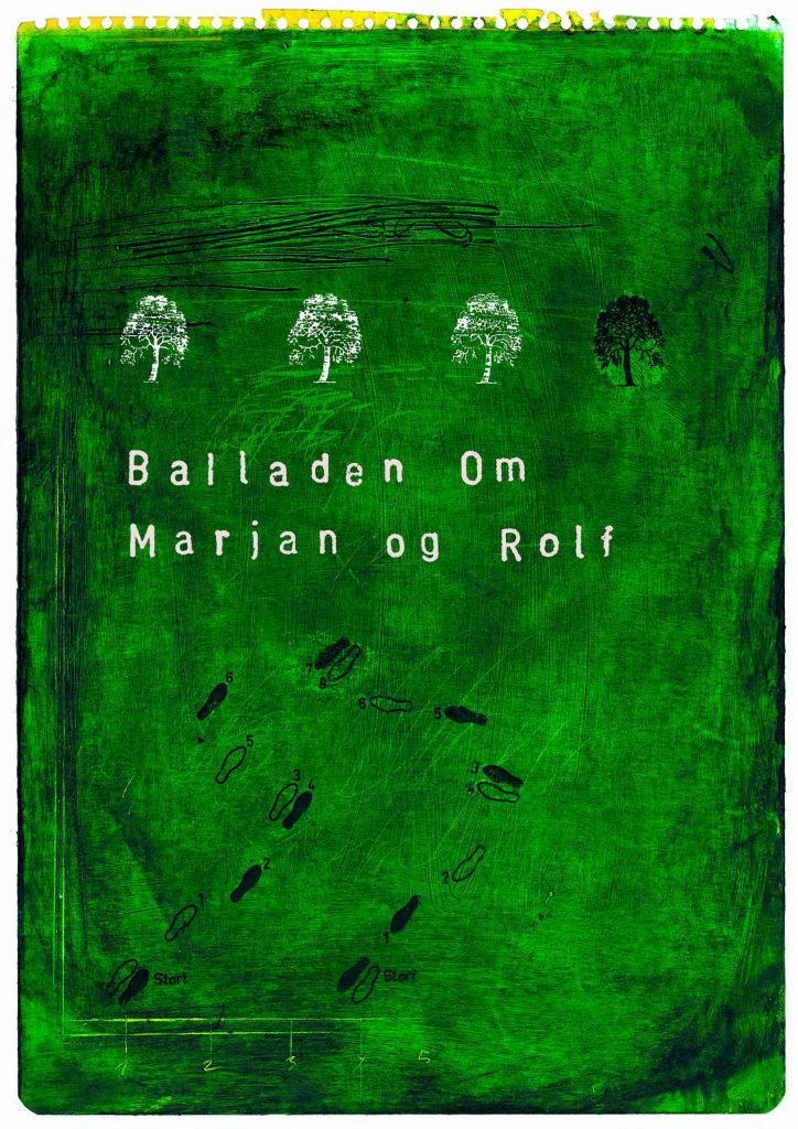 Plakat af Claus Helbo til Marjan og Rolf - forestilling af Teatret Gruppe 38