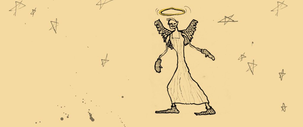 illustreret engel med glorie og uldsokker og luffer