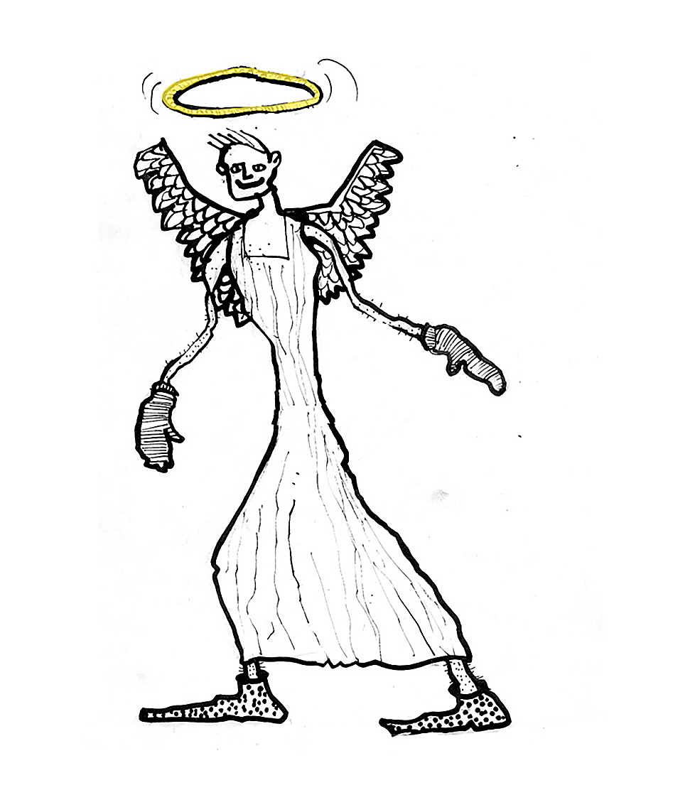 illustration tegnet af claus helbo for teatret gruppe 38 forestillende en engel med glorie over hovedet og luffer på