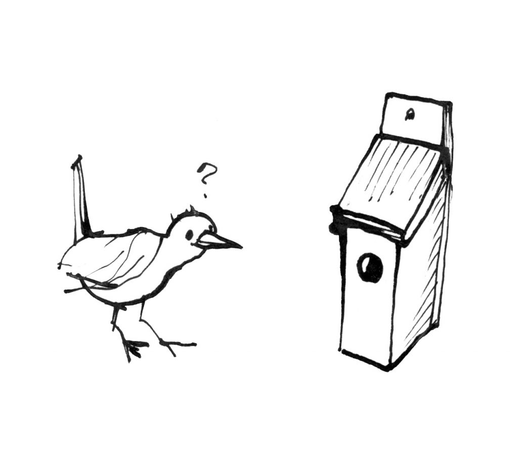 illustration af fugl og fuglehus af claus helbo tegnet til teatret gruppe 38